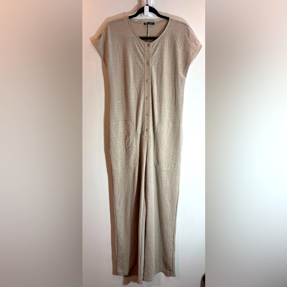 ZARA Sz M Rustic Jumpsuit Patch Like Pockets Buttons Unlined Cap Sleeve - Picture 2 of 8